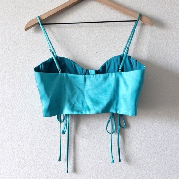 h:ours Op Bustier S Teal Lace Up Cropped Satin Zip Up Front REVOLVE Corset - Picture 6 of 7
